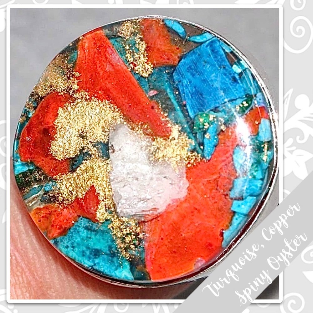 Spiny Oyster, Turquoise Eclectic Silver Artisan Ring, Size 8 (Red, Blue, Gold) - Picture 2 of 9